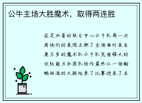 公牛主场大胜魔术，取得两连胜